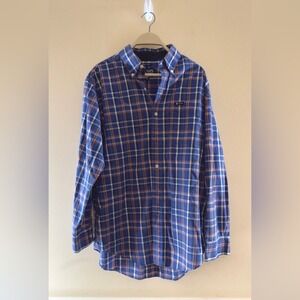 Chaps Men's Blue and Orange Plaid Shirt Sz Medium